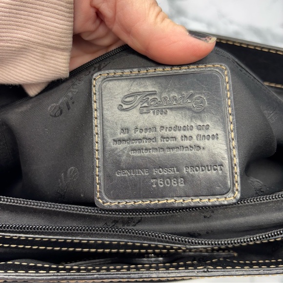 Fossil Black Leather Tote Computer Laptop Briefcase Bag with Top Handles Zipper - Picture 10 of 15